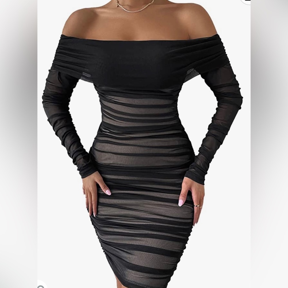 Women's Ruched Off Shoulder Bodycon Dress Long Sleeve Mesh Knee Length Dresses